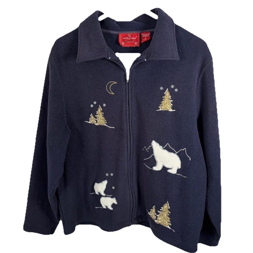 Vintage Holiday Lodge Fleece Jacket Navy Blue Polar Bear‎ Moon Embroidered XL 18